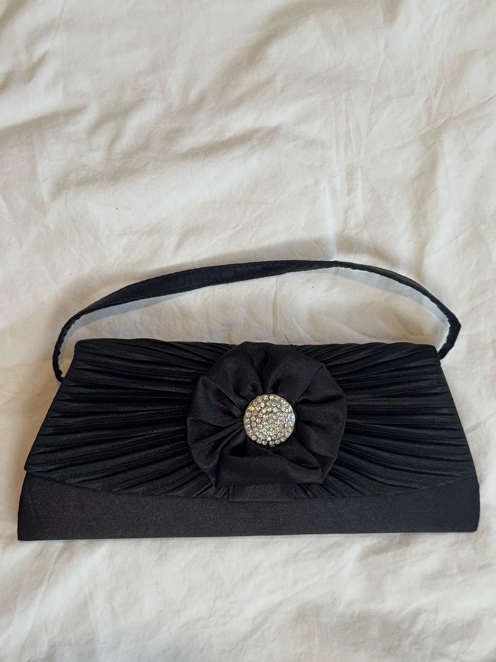 Elegant Black Evening Clutch with Rhinestone Flower